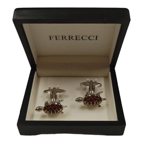 MEN'S FERRECCI BROWN TURTLE FORM SILVER CUFFLINKS WITH    JEWELRY BOX. - Picture 2 of 2